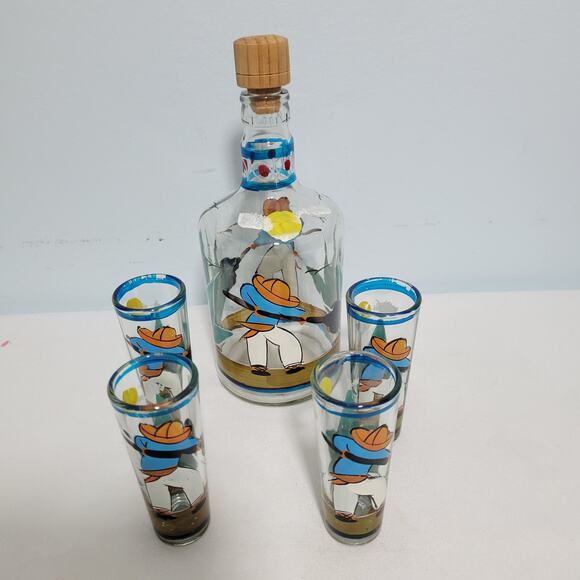 Vintage Hand Painted Mexican Teguila Decanter Set With 4 Shot Glasses 31826-1Bx9 - Picture 6 of 10